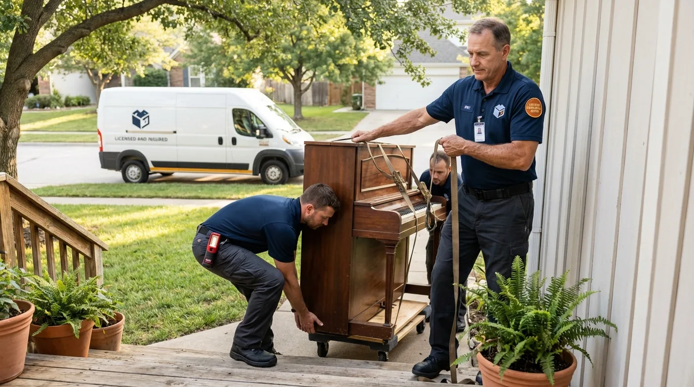Licensed piano movers securing grand piano in Walton, NY
