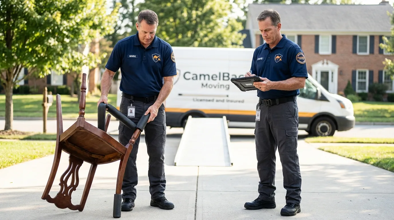 Movers inspecting furniture for damage prevention before loading in Walton, NY