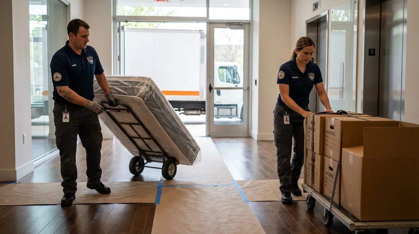 Professional apartment movers loading elevator in Walton, NY