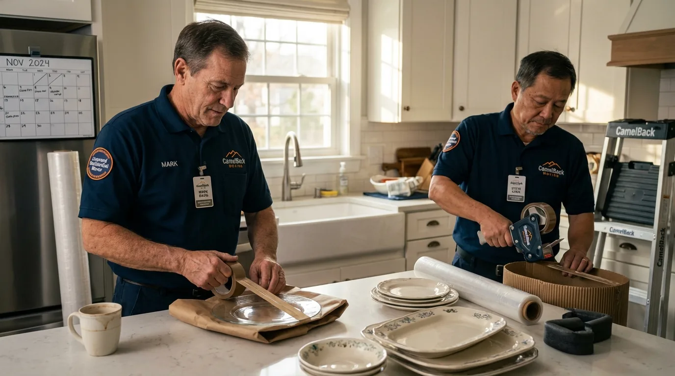 Professional crew packing kitchen dishware in Walton, NY